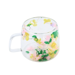 Cană cu inserție de flori uscate, hortensie galben, verde și roz, pereți dubli, sticlă borosilicată, 200 ml, Aurora Bloom