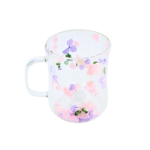 Cană cu inserție de flori uscate, hortensie mov și roz, pereți dubli, sticlă borosilicată, 200 ml, Aurora Bloom