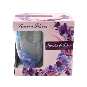 Cană cu inserție de flori uscate mov și albastru, hortensie, pereți dubli, sticlă borosilicată, 350 ml, Aurora Bloom