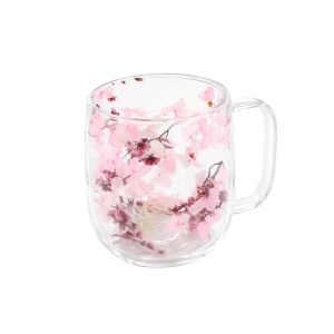 Cană cu inserție de flori uscate roz, hortensie și limonium, pereți dubli, sticlă borosilicată, 250 ml, Aurora Bloom