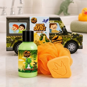 Children's bath gift set, Dinopark Adventure SUV, Accentra – includes bubble bath, bath bomb, and sponge.