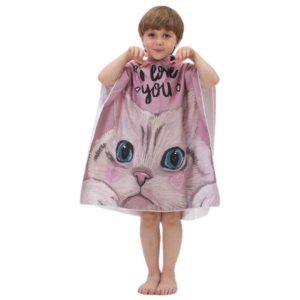 Prosop poncho pentru copii, cu glugă, model pisică, i love you, 60x60 cm, pelerină de plajă, roz