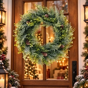 Coroniță decorativă, de Crăciun, cu frunziș verde și conuri, efect de brumă, 38 cm, WSN24