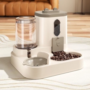 Dozator automat pentru hrană și apă, 2 în 1, 650 ml apă, recipient hrană 0.5 kg, pentru pisici și câini mici, 25x23x20 cm, crem