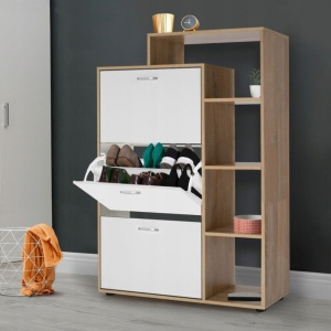 Dulap pantofi cu raft JUMI, 132x24x86 cm, PAL furniruit alb, 3 compartimente și spațiu lateral deschis