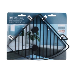 Etajeră metalică de colț pentru baie, cu două ventuze, culoare negru, 20x20x12,5 cm