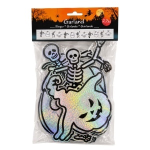 Ghirlandă decorativă Halloween, 2.7 m, cu schelete, fantome și dovleci holografici, decorațiune pentru petreceri tematice