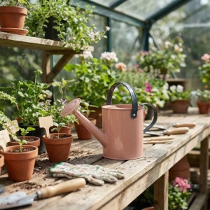 Handheld metal garden watering can, modern design for children, pink and grey, 13 cm