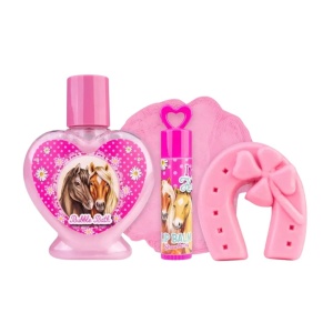 Set cadou de baie pentru copii, I Love Horses, spumant, săpun, balsam de buze și burete de baie