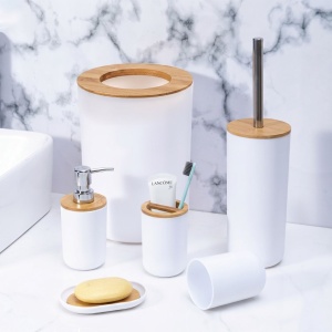 Set accesorii de baie Jumi, 6 piese alb cu accente din bambus, design modern