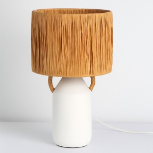Lampă de masă Boho, cu abajur din hârtie și bază ceramică, alb/maro, 12x29 cm