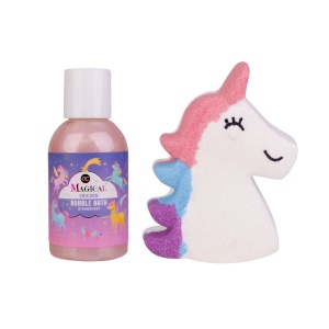 Set de baie pentru copii MAGICAL UNICORN în gentuță cosmetică de pluș, spumant de baie și bilă efervescentă cu parfum de căpșună