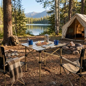 Masă pliabilă, cu cadru metalic și blat rezistent, pentru camping – 53x51x50 cm, eCarla, SC10JBR