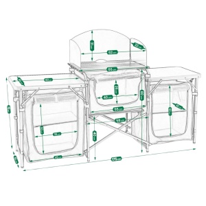 Masă pliabilă de camping - bucătărie portabilă, dulapuri textile și paravan vânt – set complet cu geantă de transport