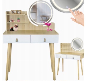 Măsuță de toaletă Scandi 4, oglindă rotundă LED 40 cm, 3 tipuri de lumină (rece, caldă, naturală), 125x80x40 cm, MDF + lemn de pin, culoare alb natur