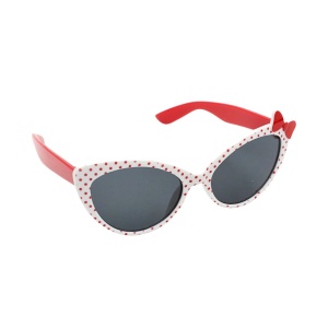 Ochelari de soare pentru copii, model cat-eye alb cu buline roșii și fundiță decorativă