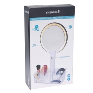 Oglindă de machiaj cu LED și organizator pentru accesorii, iluminare reglabilă, alimentare USB