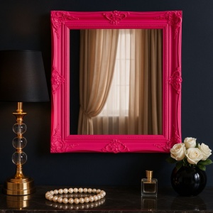 Oglindă decorativă, de perete, Hoff Interieur, ramă ornamentală, roz fucsia, design baroc elegant, pentru living, dormitor sau hol, 80x68 cm