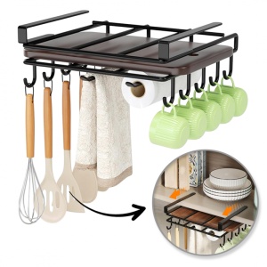 Organizator de bucătărie, suspendat, din metal, cu raft și cârlige pentru ustensile și căni, Ecarla, culoarea negru, 25×25 ×9,7 cm, OR116CZ
