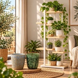Pachet etajeră albă pentru flori și plante cu 6 rafturi, 113×60×20 cm + 2 măști de ghiveci bleu & verde, 15×12 cm