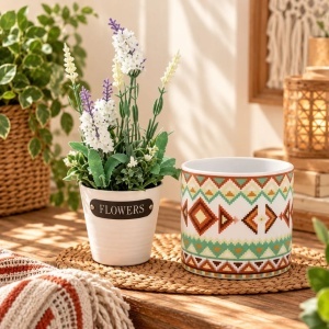 Pachet plantă artificială lavandă în ghiveci alb, 28×9 cm + mască de ghiveci din ceramică, model popular, 11 cm