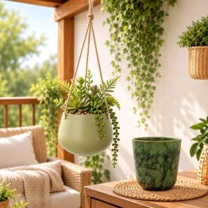 Pachet plantă artificială suspendată cu mix de suculente, ghiveci ceramic verde 16 cm cu agățătoare din sfoară + mască de ghiveci verde Mica, 15×12 cm