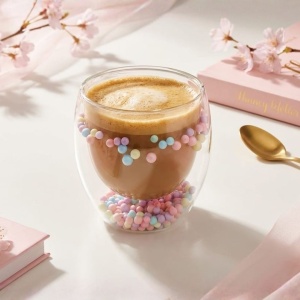 Pahar cu inserție de biluțe colorate pastel, pereți dubli, sticlă borosilicată, 250 ml, Aurora Bloom