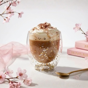 Pahar cu inserție de confetti steluțe gri și auriu, pereți dubli, sticlă borosilicată, 250 ml, Aurora Glow