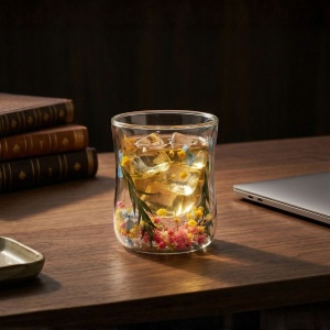 Pahar cu inserție de flori uscate, floarea miresei galben, roz și verde, pereți dubli, sticlă borosilicată, 200 ml, Aurora Bloom