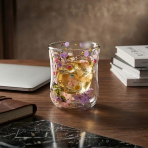 Pahar cu inserție de flori uscate, hortensii și limonium culori pastel, pereți dubli, sticlă borosilicată, 200 ml, Aurora Bloom