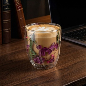 Pahar cu inserție de flori uscate mov, roz și verde, hortensie, pereți dubli, sticlă borosilicată, 250 ml, Aurora Bloom