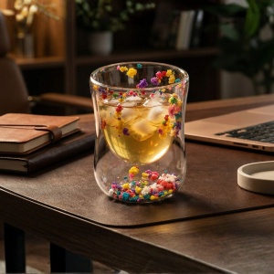 Pahar cu inserție de flori uscate multicolor, floarea miresei, pereți dubli, sticlă borosilicată, 200 ml, Aurora Bloom