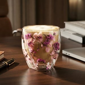 Pahar cu inserție de flori uscate roz, hortensie și limonium, pereți dubli, sticlă borosilicată, 250 ml, Aurora Bloom