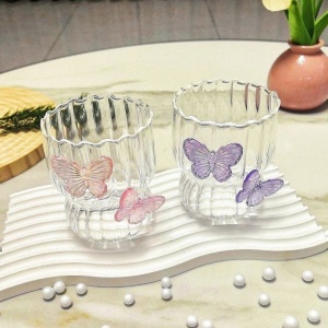 Pahar din sticlă borosilicată, cu pereți ondulați și fluturași mov, 260 ml, eCarla, SZK162