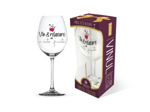 Pahar pentru vin din cristal de Bohemia, cu mesaj amuzant "Vin & relaxare = o viață fericită"