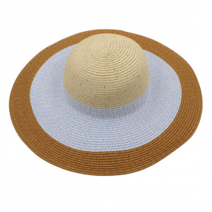 Pălărie de plajă damă Tiara, bej cu alb și maro, boruri foarte largi, design tricolor elegant, ușoară și respirabilă, protecție solară, diametru 43 cm