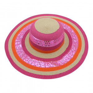 Pălărie de plajă damă Tiara roz multicolor cu sclipici, din hârtie de paie, bor foarte larg 45 cm, elegantă și ușoară