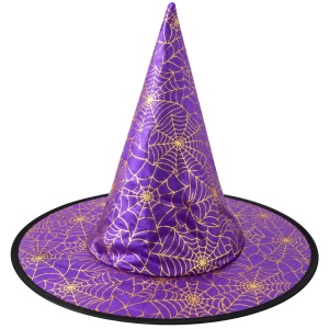 Pălărie de vrăjitoare, 38x38x35 cm, pentru Halloween, mov cu pânze aurii de păianjen
