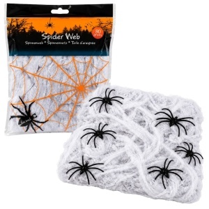 Pânză de păianjen artificială pentru Halloween, Albă, 80 g, cu 6 păianjeni negri, decorațiune horror pentru interior
