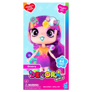 Păpușă Mini Decora Groovy 13 cm cu Accesorii – Păpușă de Personalizat, Peste 40 Surprize, păr lung, colecția Decora Girlz