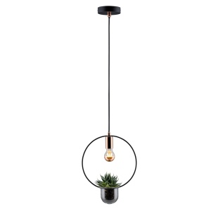 Pendul Neordic Tasja cu fir textil, pentru plante, max 1x20W bec E27, culoare negru/cupru 230V metal și sticlă
