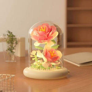 Set de construcție, flori de trandafiri roz, cu cupolă și iluminare LED, 158 piese, 12+, KL01, eCarla