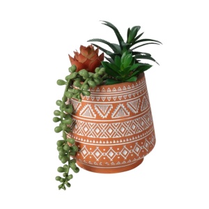 Plantă artificială mix de Suculente 15 cm, în ghiveci ceramic teracotă cu model etnic