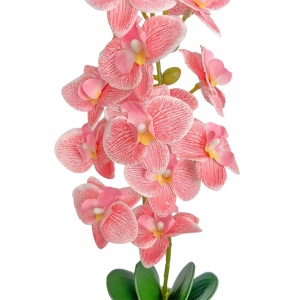 Plantă artificială Orhidee 40 cm, cu flori roz și frunze verzi, pentru interior