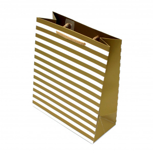 Pungă pentru cadou, SDE medie UNITA Stripes, culoare auriu cu alb