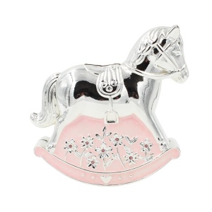 Pușculiță Decorativă Căluț Balansoar AZAY, 11x11 cm, Argintiu cu Roz, Cutie Cadou + Hârtie Tissue Incluse – Cadou Premium Fetițe & Botez