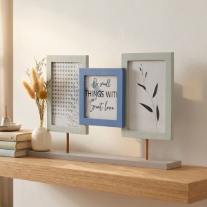 Ramă foto decorativă, cu vază, colaj pentru 3 poze, culoare albastru