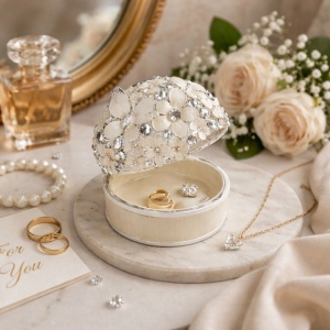 Round Jewelry Box with Flowers and Rhinestones, 5 cm, AZAY – Ring Box, Gift Box with Premium Packaging and Tissue Paper, Elegant Gift for Women