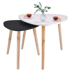 Set 2 măsuțe cafea, MDF, picioare de pin, alb-negru, 54x45 cm, 40x40 cm
