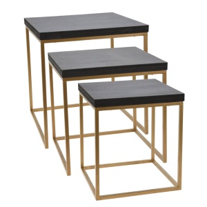 Set 3 măsuțe de cafea suprapozabile, lemn masiv de mango și cadru metalic auriu, negru/auriu, 40x40x42,5 cm, 35x35x35,5 cm, 30x30x34 cm